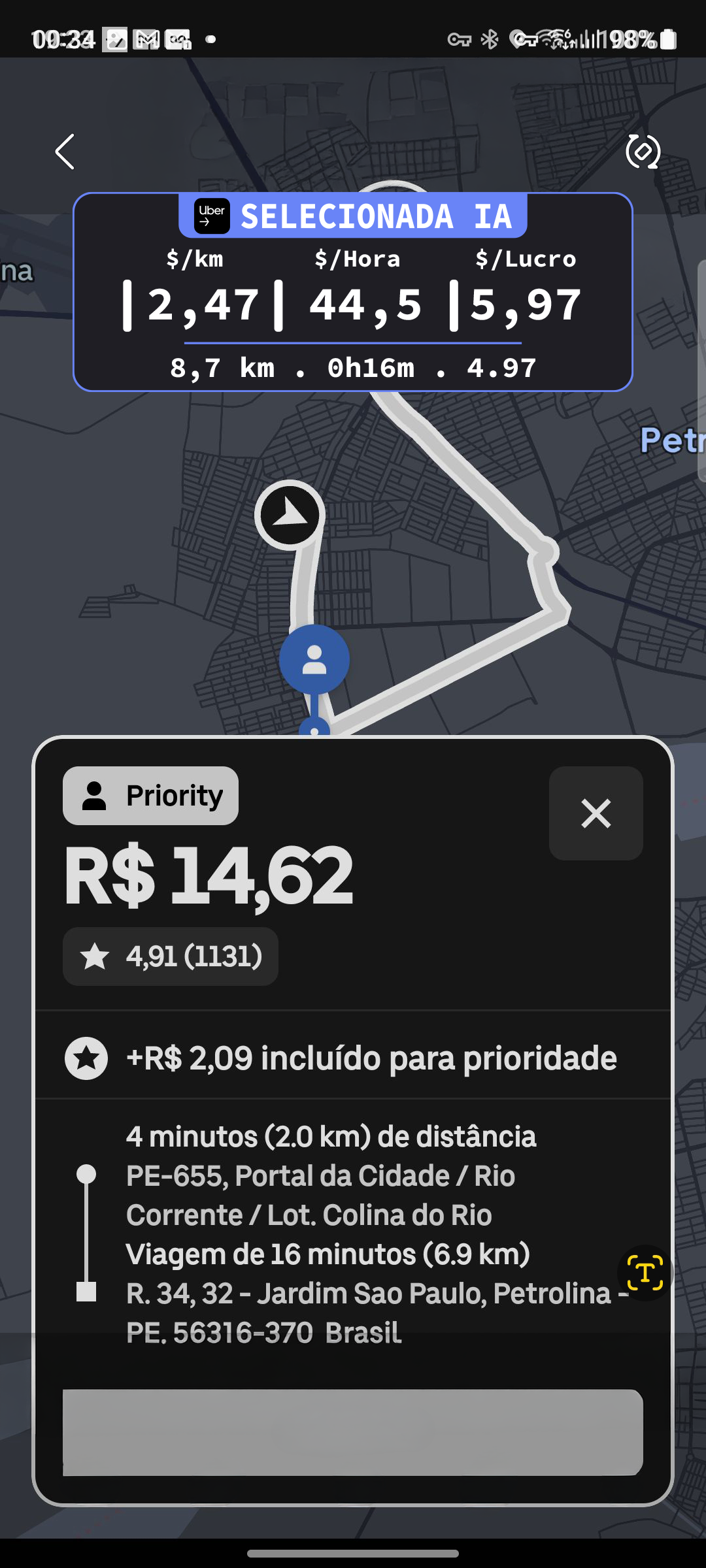 Interface real do Bateu Meta analisando uma corrida com ganho por km, ganho por hora e lucro estimado